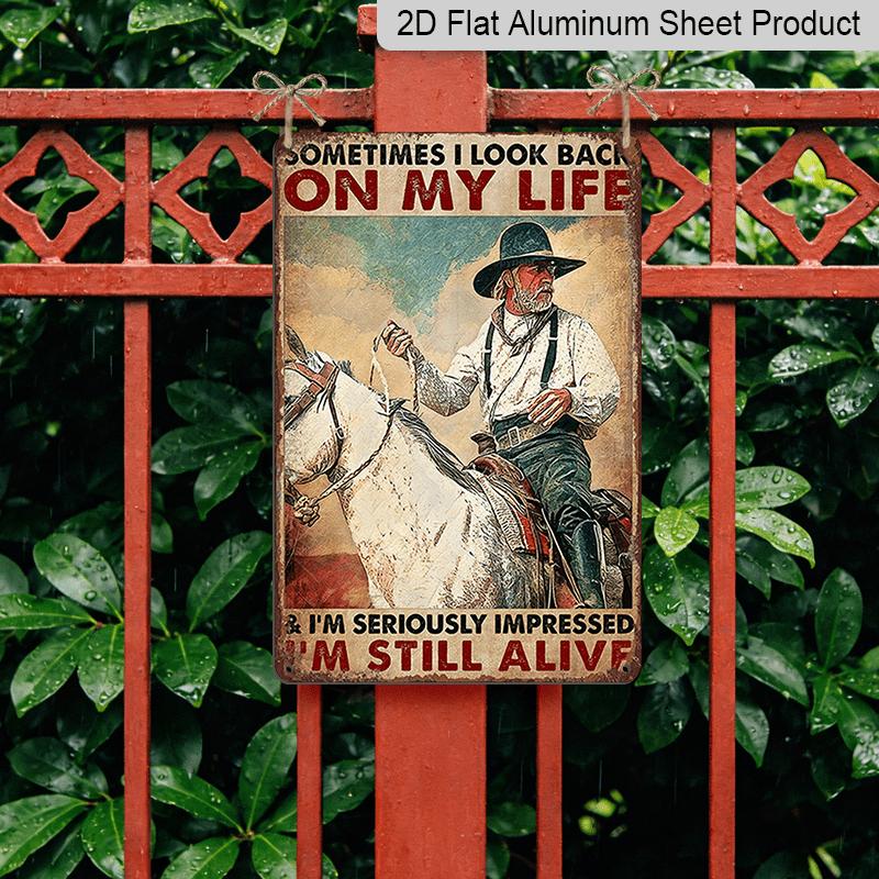 2D Flat, 1pc 7.87*11.8 Vintage Old West Denim Aluminum Sign | Rustic Wall Decor with Cowboy Riding Horse Design, Perfect for Western Lovers, Ranch
