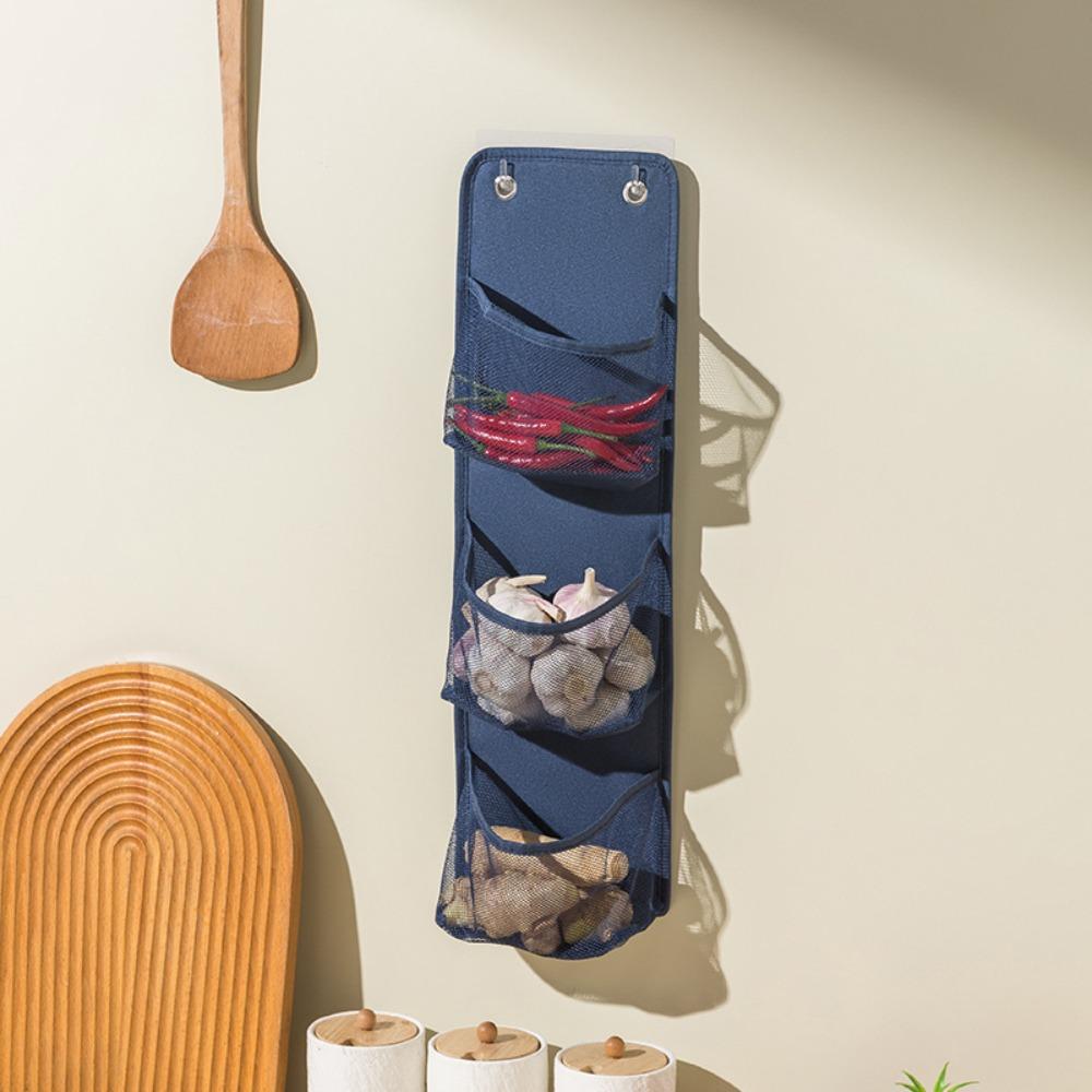 Large Capacity Wall Mounted Basket Space Saving Seasoning Sorting Bag  Ginger Garlic 3 Layer Blue