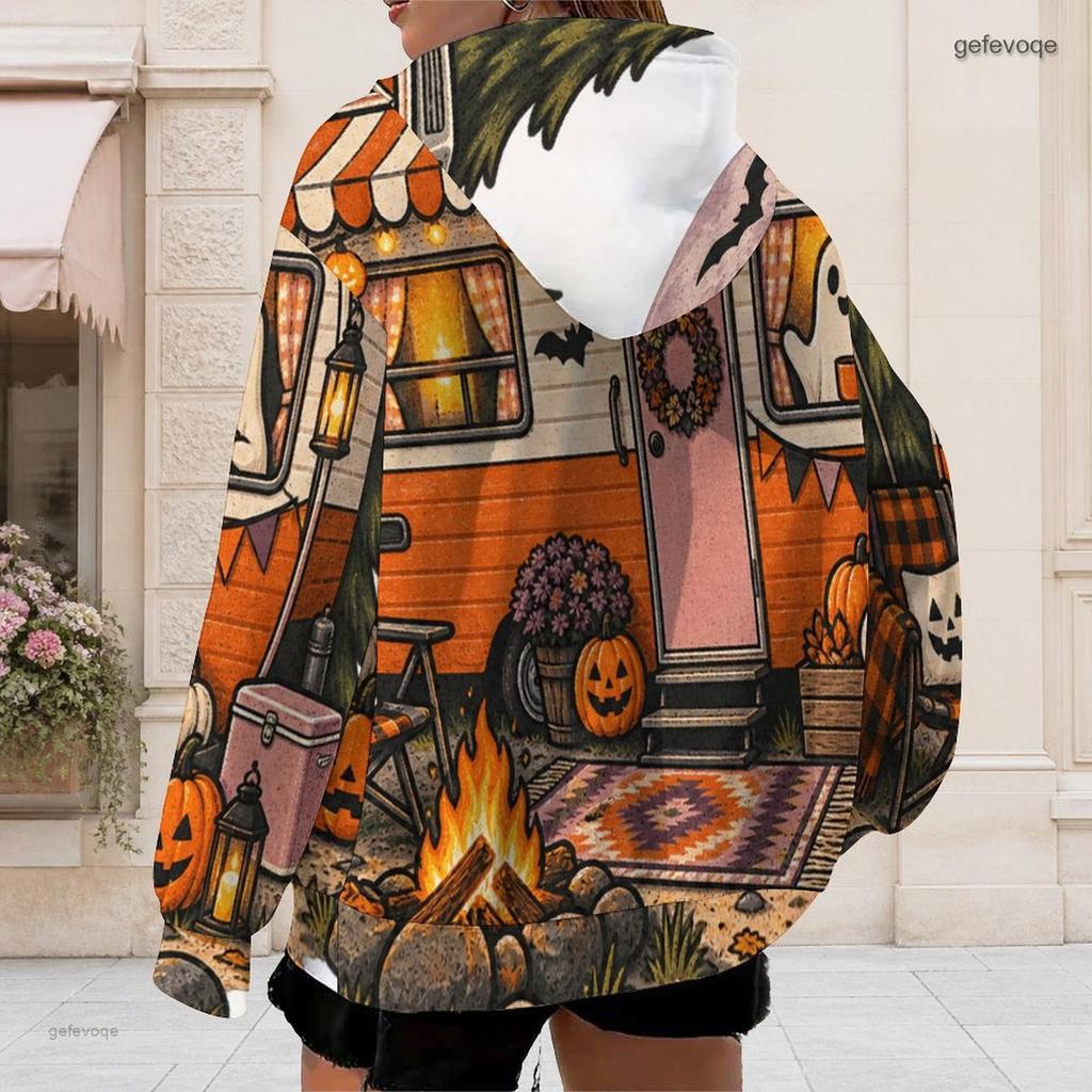 Women Plus Size Zip Up Hoodie Long Sleeve Drawstring Hood Pockets Halloween Printed Sweatshirt