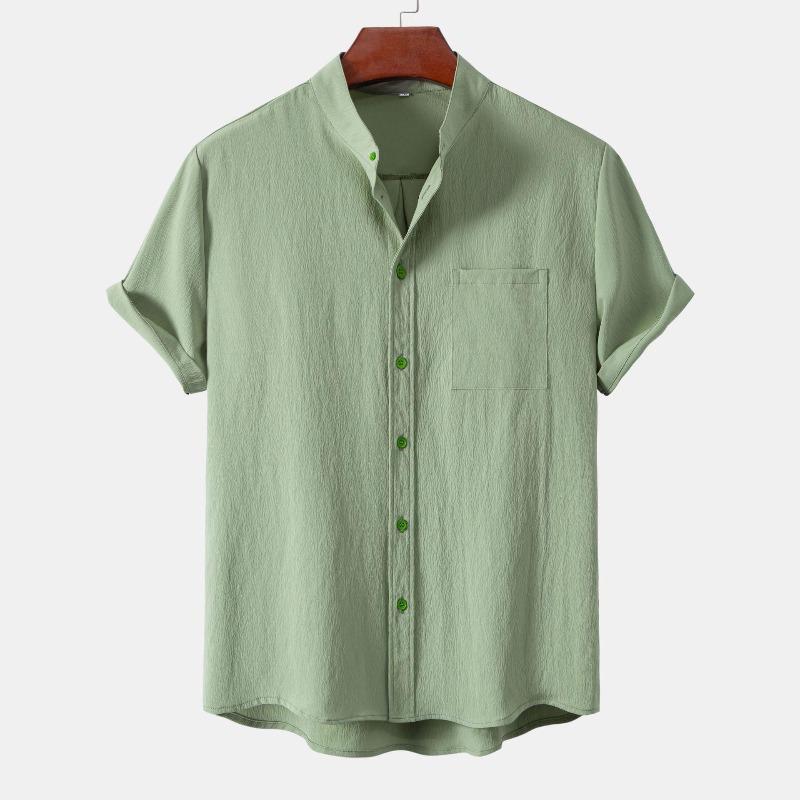 

2026 Men s Solid Color Stand Collar Short-Sleeve Cardigan Shirt M светло-зеленый