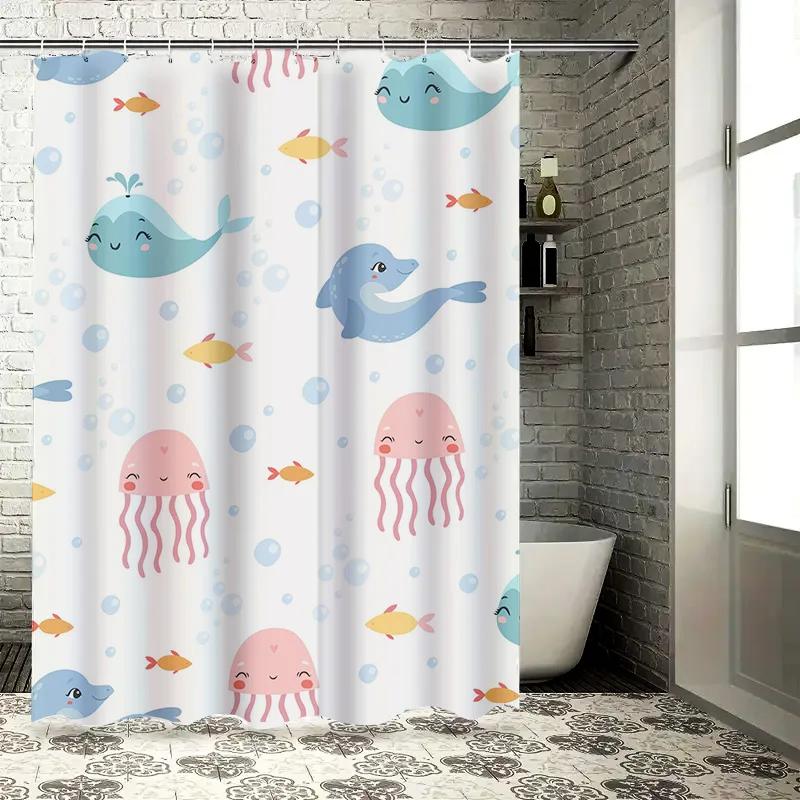 Adorable Underwater World Shower Curtain Set Cute Blue Whale Pink Octopus Design for Bathroom Decorations