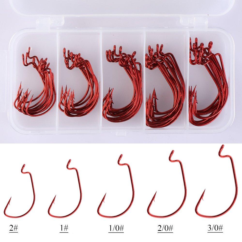 Goture Fishing Hook Jig Head Hooks for and Stream with Storage Case Set Red each of and Worm Set, Salt, Freshwater, Fishing, (50-Piece - - (10 #2, #1,