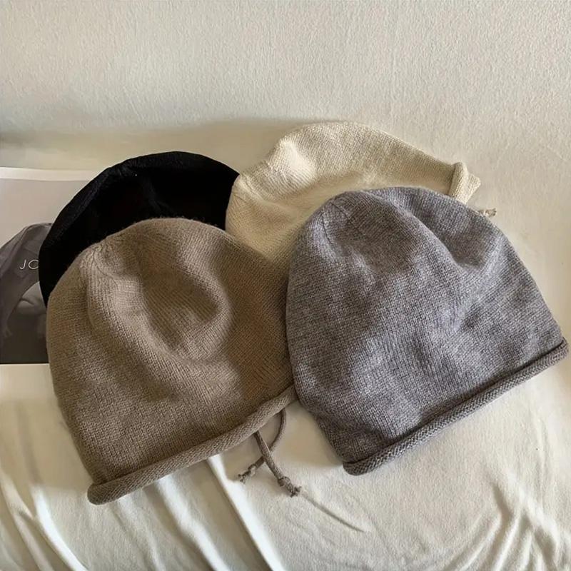 Big Head Circumference Drawstring Stacked Hat Women's Fall And Winter Show Face Small Warm Knitted Cap Wrapped Head Wool Cap