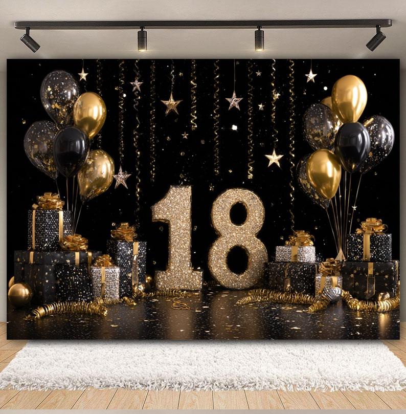 Black and Gold Balloon Gift Theme 18th Birthday Banner Backdrop Cloth Adult Gift Birthday Party Decoration Photography Backdrop