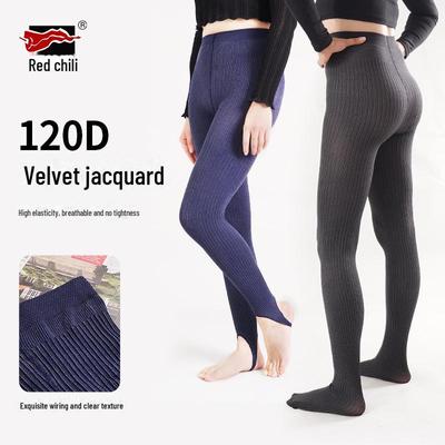 Red Pepper Velvet Socks - 120D Autumn/Winter Warm Pantyhose with Abdomen Lifting, Hip Support, and Vertical Stripes.