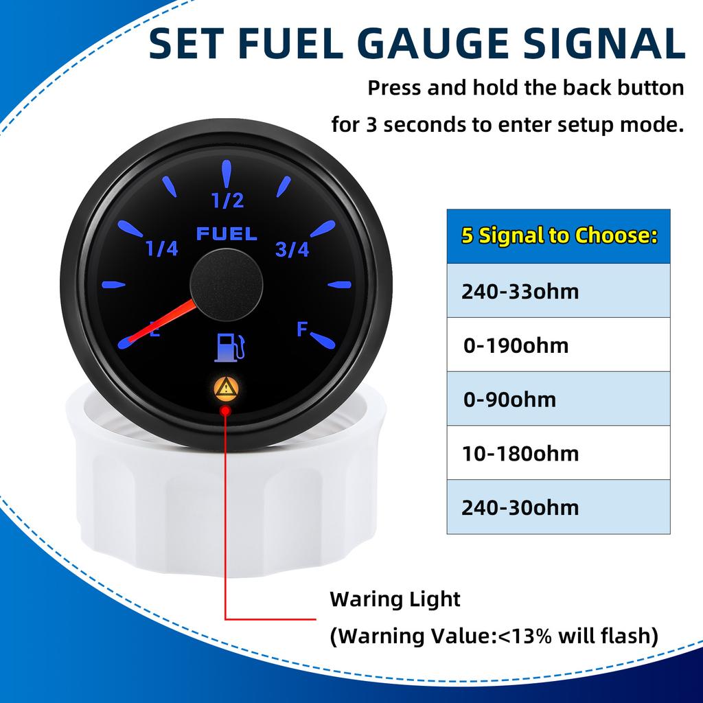 7 Color Backlight 52mm Fuel Level Gauge With Flashing Alarm 0-190ohm 240-33ohm 0-90ohm Oil Tank Meter Digital pointer Gauge