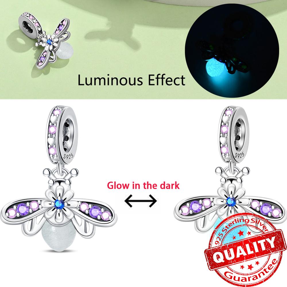 Authentic Glow-In-The-Dark Firefly Dangle Charm Fit Original Bracelet Diy Copper Flower Lantern Charms For Jewelry Making