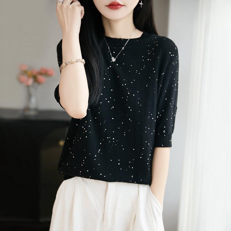 

New Round-neck Knitted Short-sleeved Women s Summer Plain-color Sequin Loose-fitting Pullover T-shirt XL чорний
