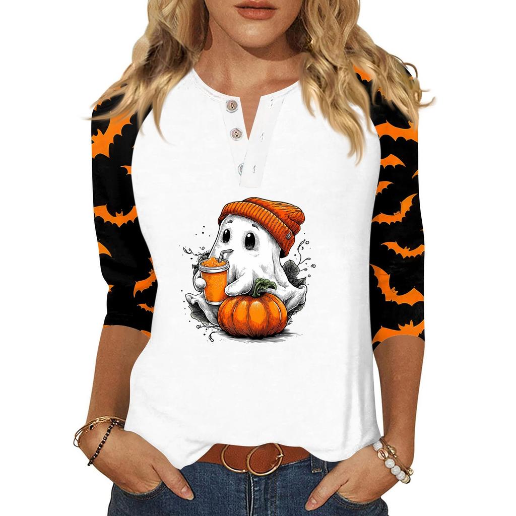 Damen-T-Shirt mit Halloween-Aufdruck und Knopfleiste, 3/4-Ärmel, modisch für den Alltag und das Wochenende, Basic, V-Ausschnitt, normales Oberteil