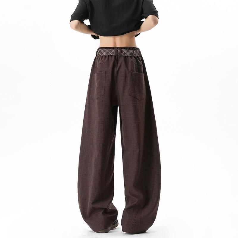 Vintage Contrast Plaid Belted Wide Leg Loose Casual Pants For Men