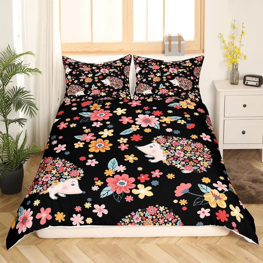 Comforter Cartoon Hedgehog Bedding Set Cute Hedgehog Flower Pattern Polyester Comforter Wildlife With Zipper