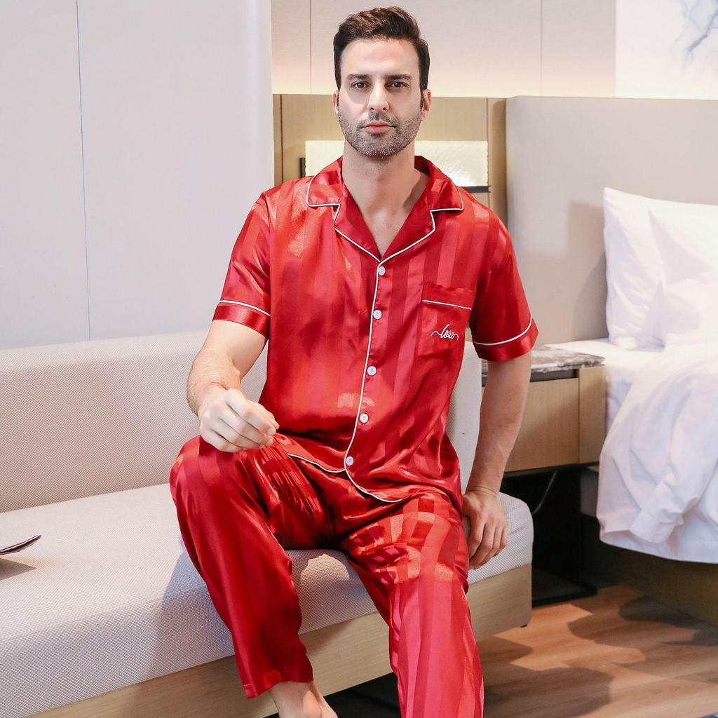 Conjunto de Pijama de Seda de Manga Corta para Hombre en Rojo