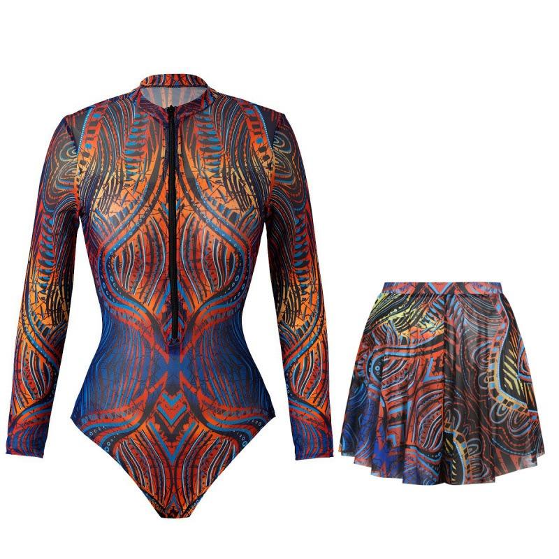 Swimsuit Women's Long Sleeve Sunscreen Swimsuit European and American Short Skirt Set Bikini