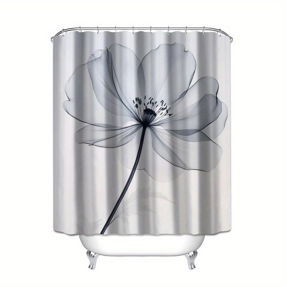 1Pc Simple Floral Pattern Shower Curtain, Polyester Fabric, Machine Washable, With Hooks, Suitable For Bathroom Decoration