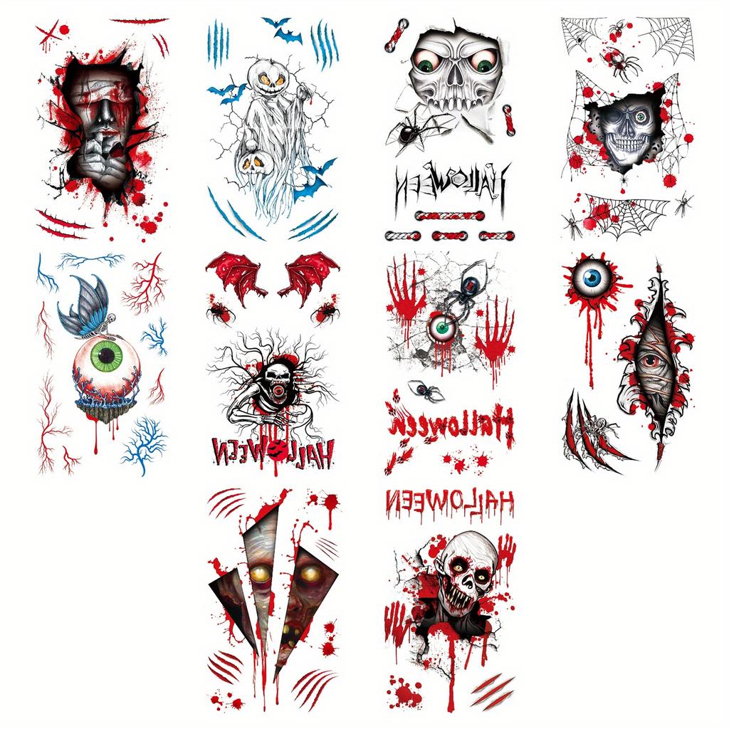 20pcs Realistic Halloween Fake Temporary Tattoos Sticker Wound Stitches Waterproof Stickers Scary Ghosts Prank Body Makeup Decor