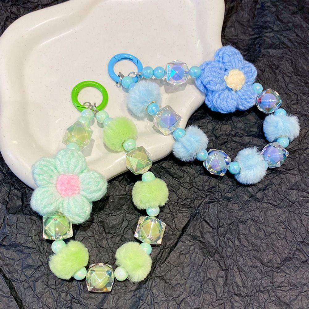Sweet Knit Beads Keychain Flower Car Key Ring Cute Beaded Phone Strap  Gift