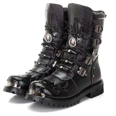 Winter Men Motorcycle Boots 2024 New Fashion Mid-Calf Gothic Belt Punk Boots Men's PU Leather High Top Shoes Mens Plush Botas