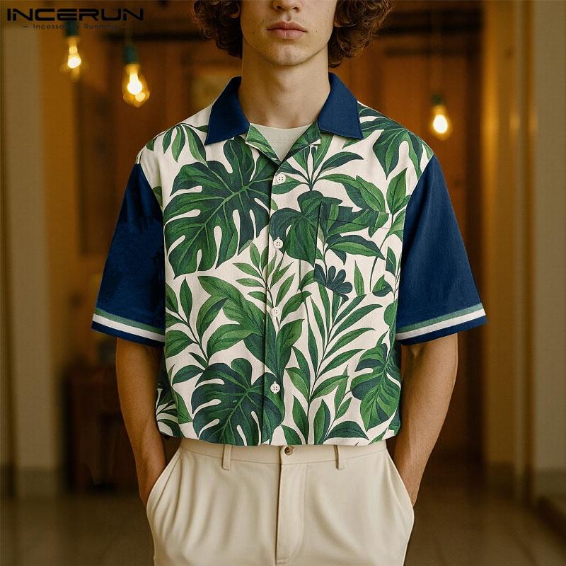 

INCERUN Oversized Men s Short Sleeve Printed Button Up Casual Hawaiian Shirts S зелёный
