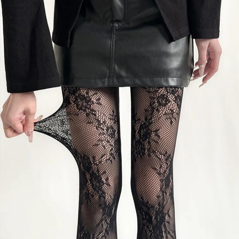 Korean INS Hollowed Lace Mesh Stockings Women Pantyhose Hot Tights Japanese Lolita Retro Floral Rattan Black White Long Socks
