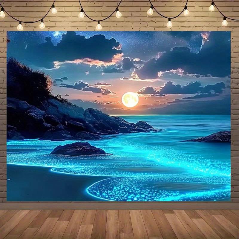 Stunning Blue Ocean and Moon Tapestry - Vibrant Polyester Wall Hanging with Starry Sky, Rocky Shoreline, and Glowing Shoreline