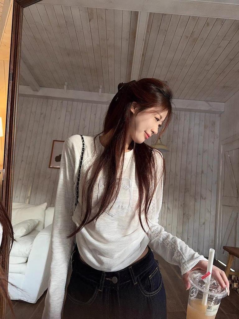 Women's White Lace Patchwork Sailboat Embroidered Long Sleeve T-shirt - Korean Style Early Autumn Versatile Top