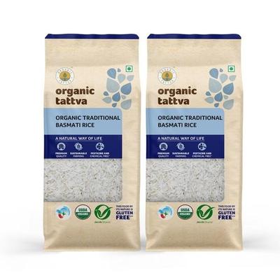 Biologische Tattva, Biologische Traditionele Basmatirijst, 1 KG | Dagelijkse Basmatirijst | Bron van Eiwitten | Natuurlijk Glutenvrij | Smaakvol | Pak van 2