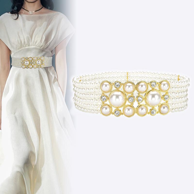 

Sweet Temperament String Pearl Belt Elastic Diamond Elastic Women S Wide Waist Seal With Skirt Decorative Belt