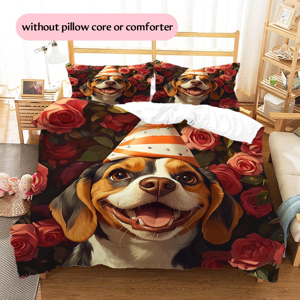 Dog with Birthday Hat Pattern Bedding Quilt Set Home Decoration Gift (1 * duvet cover + 2 * pillowcase without core)