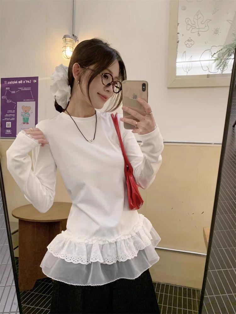 270g German Velvet Korean Lace Patchwork Round Neck Long Sleeve T-shirt - Slimming & Flattering Autumn/Winter Top