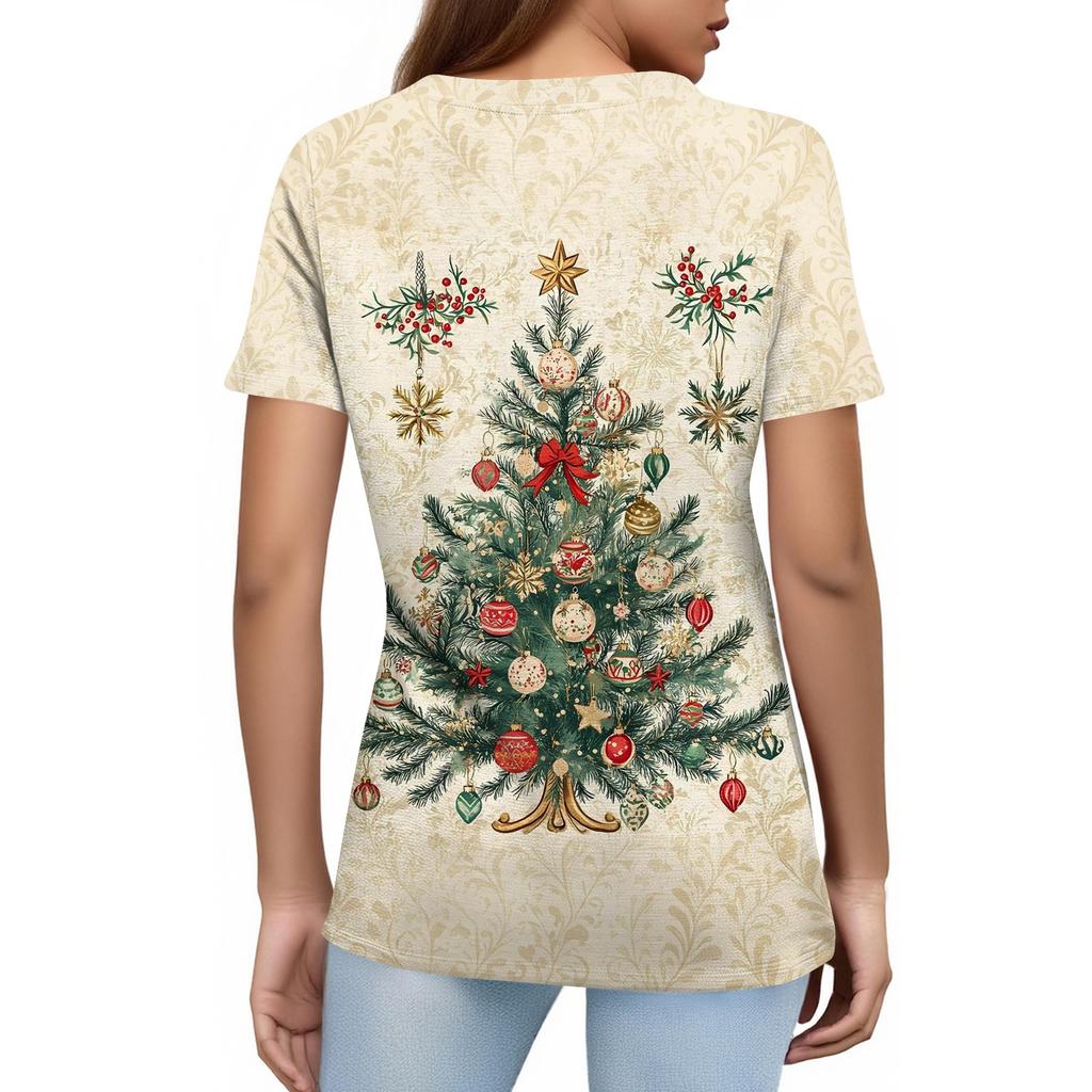 Women's Fashionable Casual Short Sleeve Christmas Print Round Neck Pullover Top