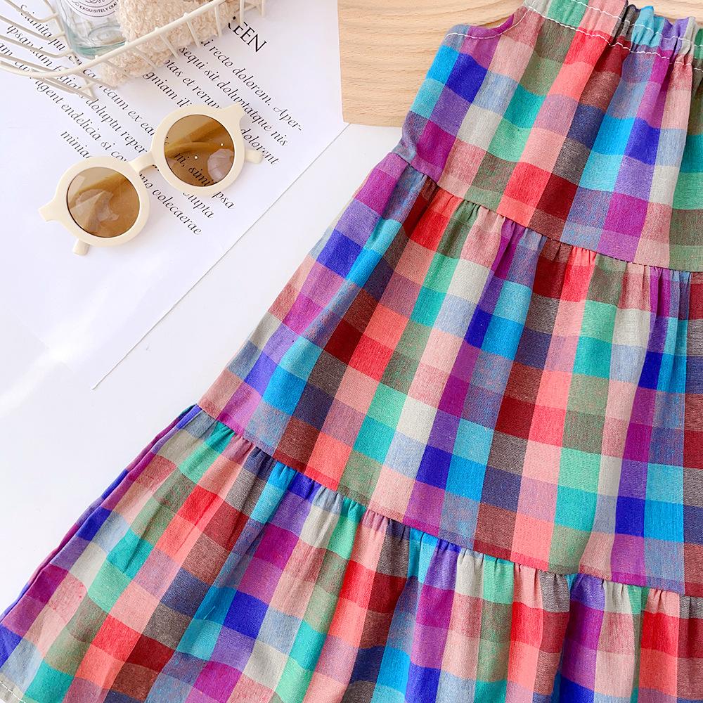 Girls Summer Colorful Plaid Dress Stylish Strap Sundress Fashionable Vacation Princess Dress for Kids