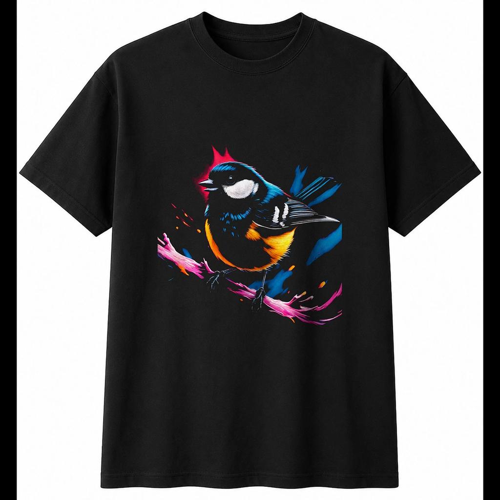 Neon Coal Tit in a Storm Bird Mens T-Shirt Black 100% Cotton Nature Printed