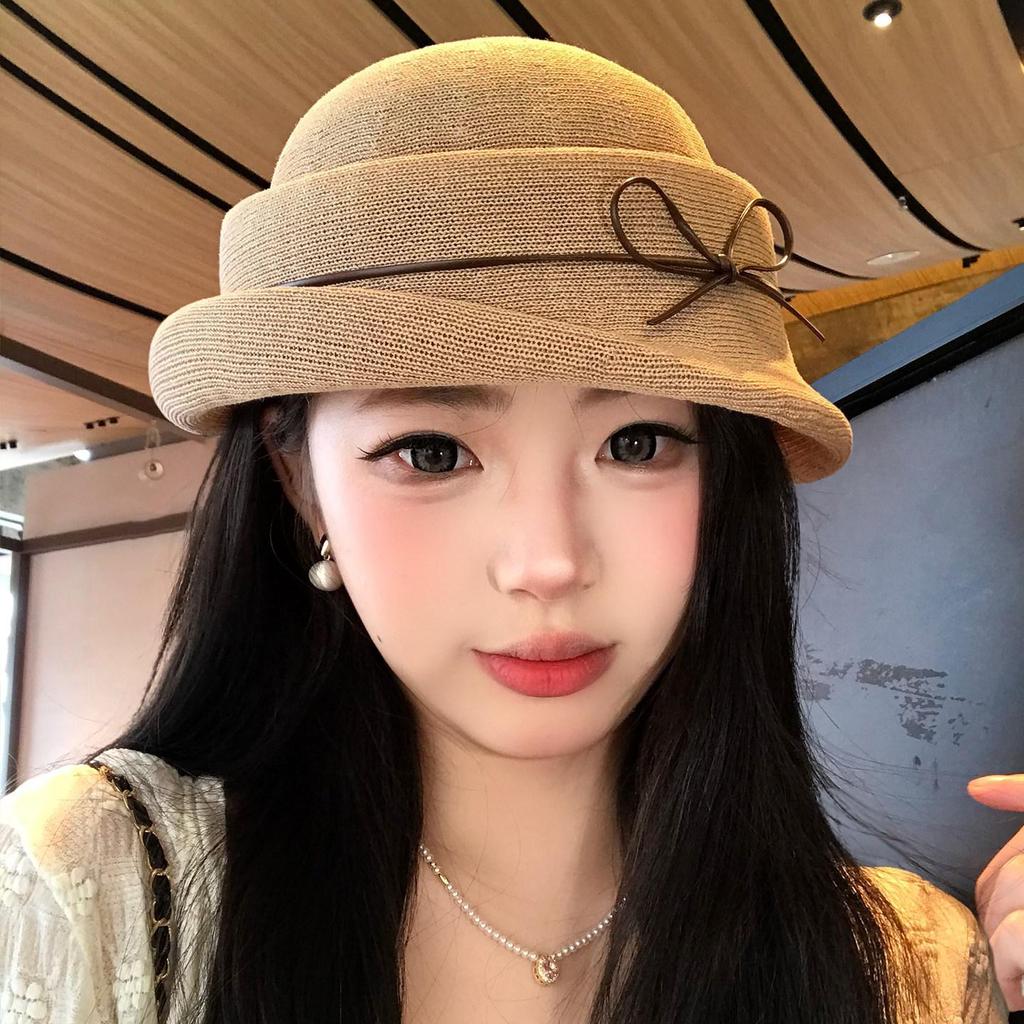 French Hepburn-Style Bowknot Women's Elegance: Rolled Brim Formal Bucket Hat
