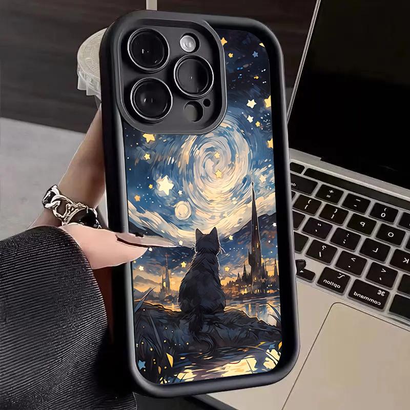 Starry Night Black Cat Moon Wave Silhouette Art  Phone Case for iPhone 17 16 15 14 13 12 11 Series Pro Max Plus