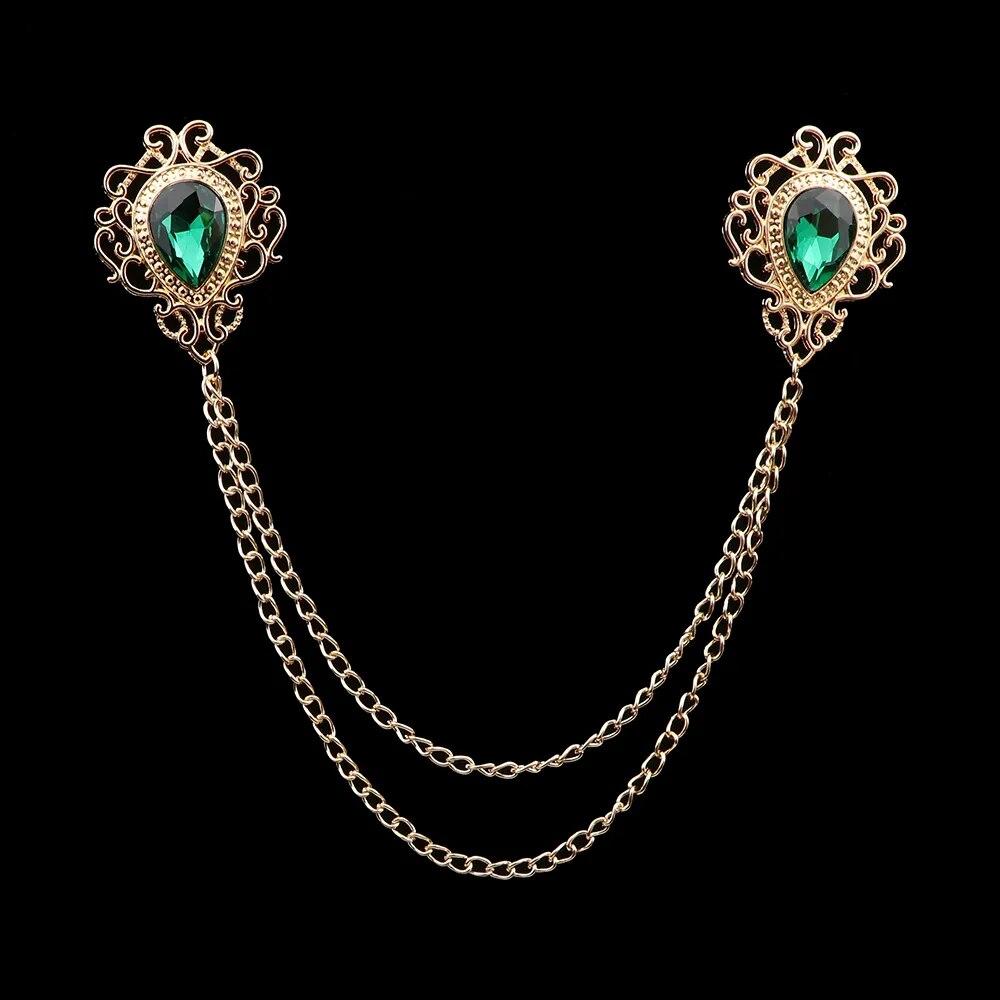 Retro Crystal Rhinestone Brooch, Suit Shirt, Tassel Chain, Lapel Pin, Women Men Jewelry, Alloy, Collar Brooch Pin