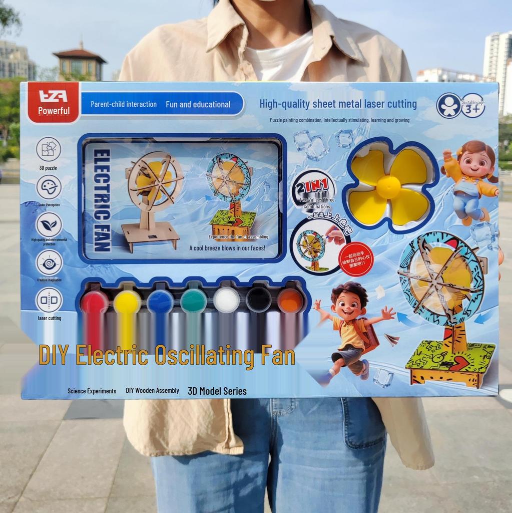 Handmade DIY Electric Shaking Head Fan: Children's Educational 3D Wooden Coloring Toy and Model Kit Set.