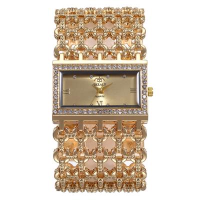 Glitter Women Hollow Wide Band Roman Numeral Rhinestone Square Dial Quartz Watch