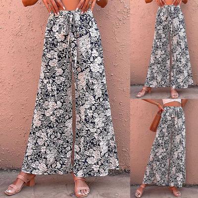Sommerhose für Damen mit drapiertem Gefühl der Selbstkultivierung, Temperament und Krawatte im Retro-Stil, Blumenmuster, hoher Taille, weitem Bein, atmungsaktiver Hose mit weitem Bein