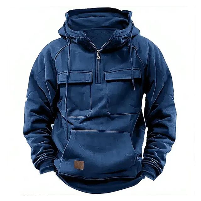 Half Zipper Men's Tactical Hoodies Solid Military Sweatshirts Multi Pockets Male Hooded Jackets Thick Outdoor Polar