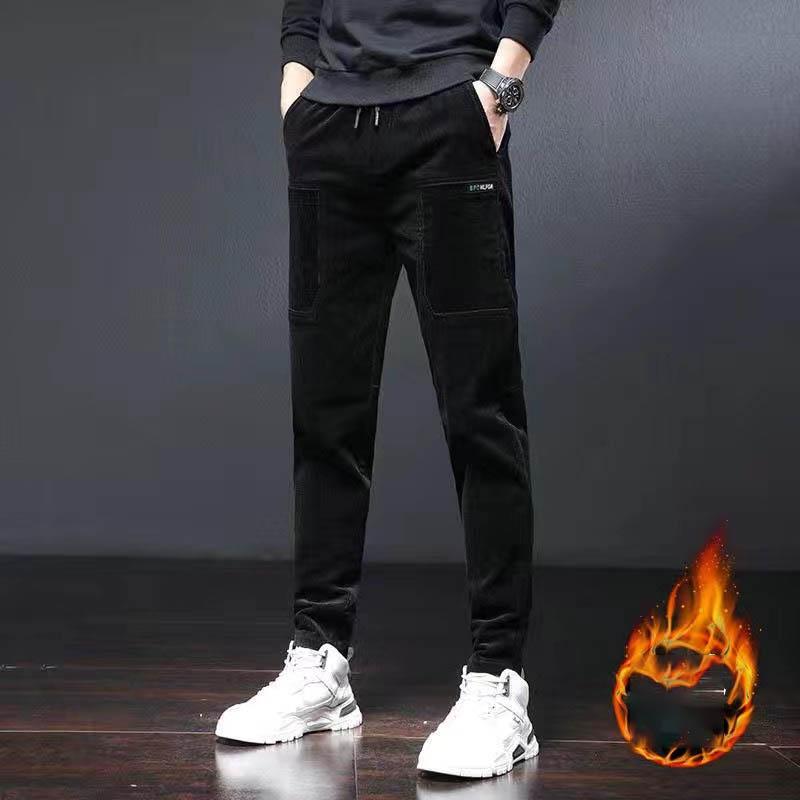 Corduroy Casual Pants For Men Fleece-lined Warm Striped Velvet Multi-pocket Slim Fit Straight Leg Pants