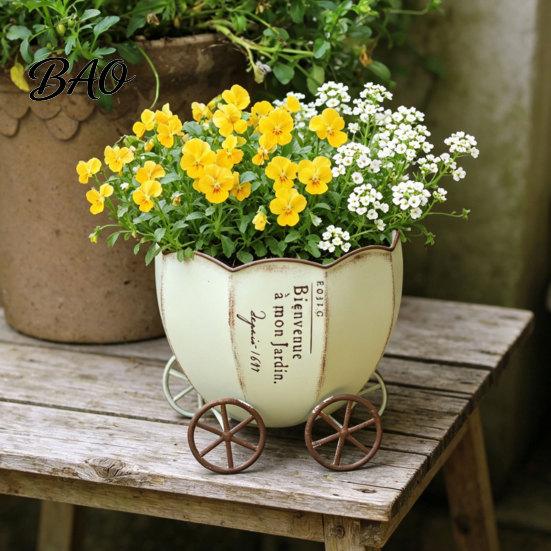 Office Desk Planter Retro Pumpkin Cart Planter, Decorative Metal Flowerpot with Drainage Hole, Stylish Unique Flower Pot Plant for Indoor Outdoor Home
