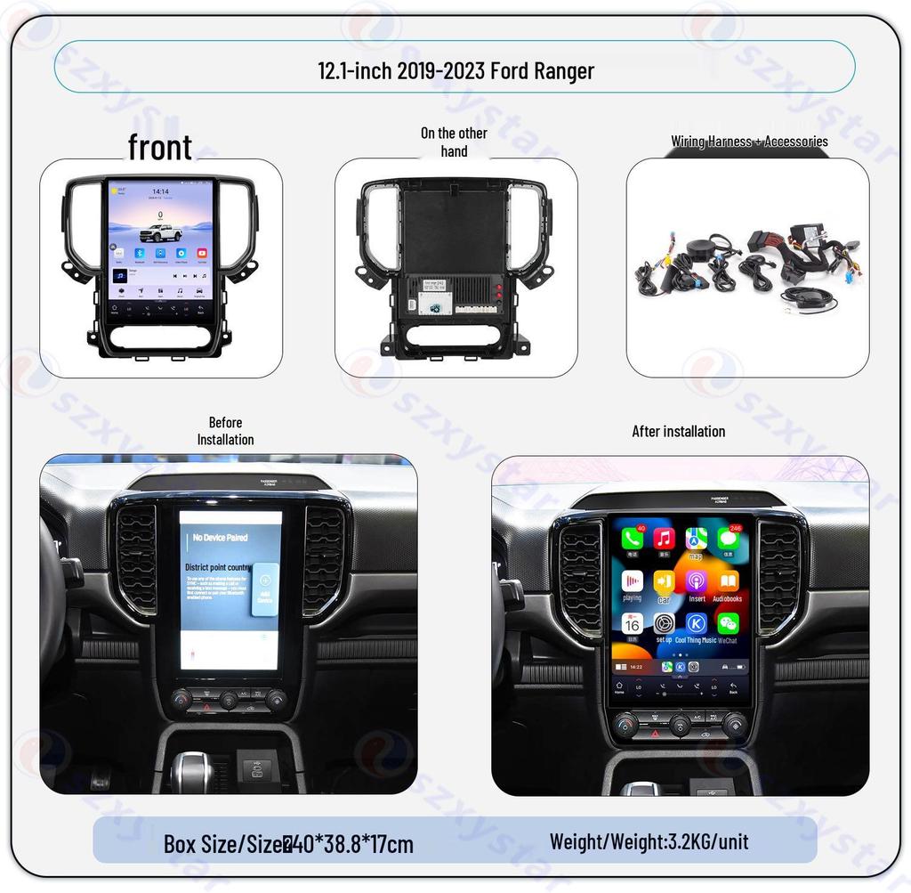 12.1-inch Android Vertical Screen CarPlay Navigation with 360° Panoramic View for 2019-2023 Ford Ranger.