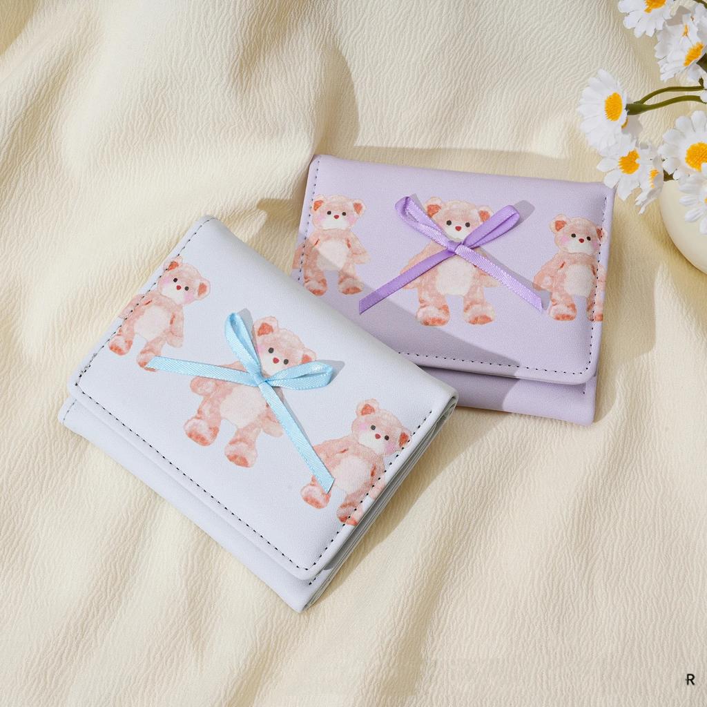Cute Bear Girls Short Wallets Small Wallet Aesthetic Card Holder Classic Three Fold Purse For Women Student Simple Coin Pouch