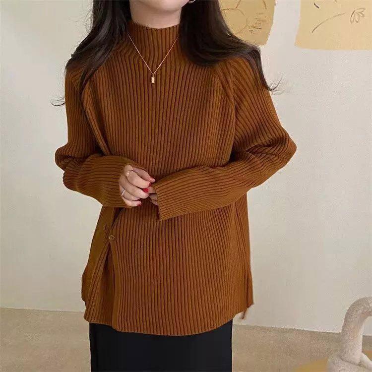 Women Sweater Autumn Plus Size Sweater Half High Collar Knitted Bottoming Shirt Loose Open Button Solid Color Top Pullover Sweater Female