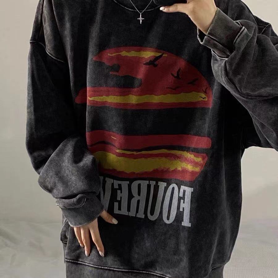 Vintage Distressed Sweatshirts Fleece Women Hip Hop Streetwear O-Neck Loose Long Sleeve Print Graphic Hoodie Autumn Winter