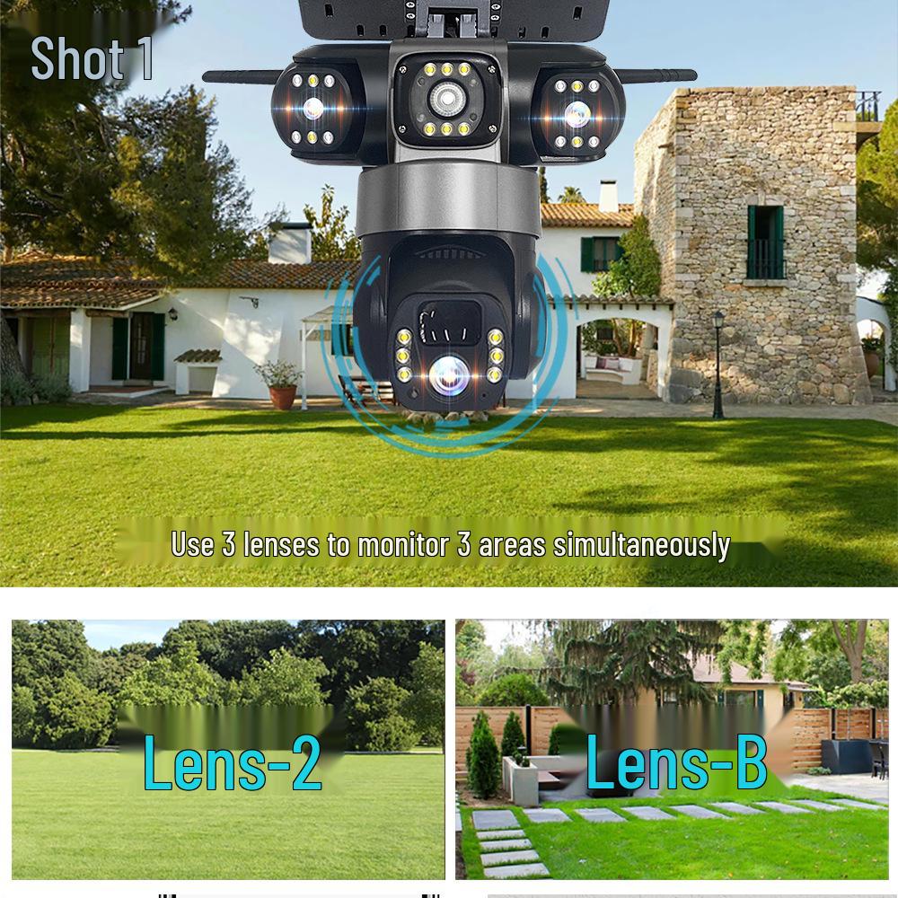 V380 Three-Screen Solar-Powered Smart Outdoor Camera with Remote-Controlled Street Light