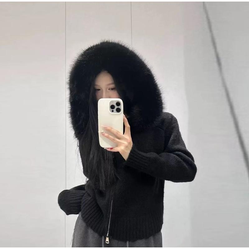 Long-sleeved Fur Collar Hooded Sweater Autumn and Winter Inner and Outer Wear Dual-purpose Ladies Solid Color Zipper Blouse Slim Knit Ladies Cardigan