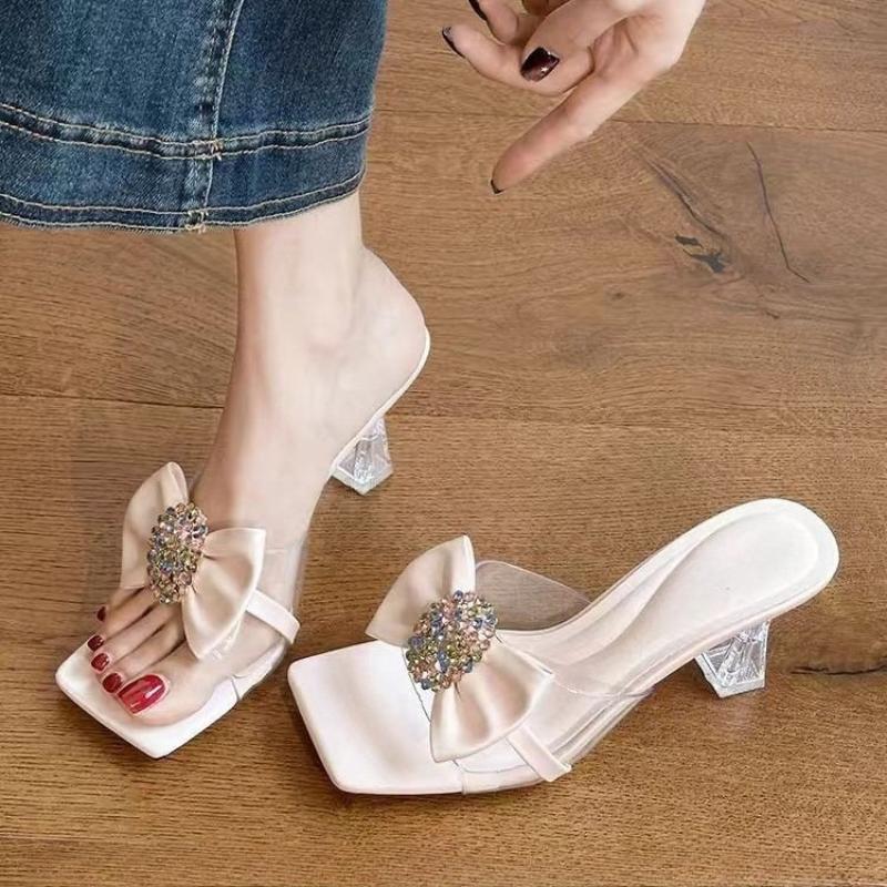 

Новые женские сандалии с цветком из водных бриллиантов 2025 года на прозрачной толстой подошве, туфли-мюли на высоком каблуке для вечеринок и платьев 35 розовый