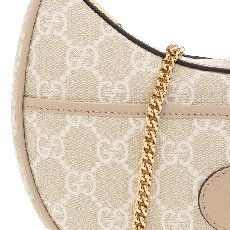 Gucci GG Supreme Logo Chain Canvas Half Moon Bag Women Handbags Beige White 726843-FAA4G-9897