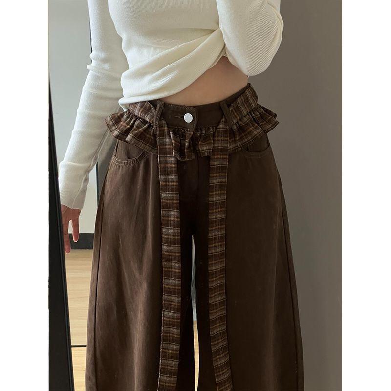 Retro Coffee Lace Splicing Jeans Women's High Waist Plaid Strap Design Loose Casual Wide-leg Pants